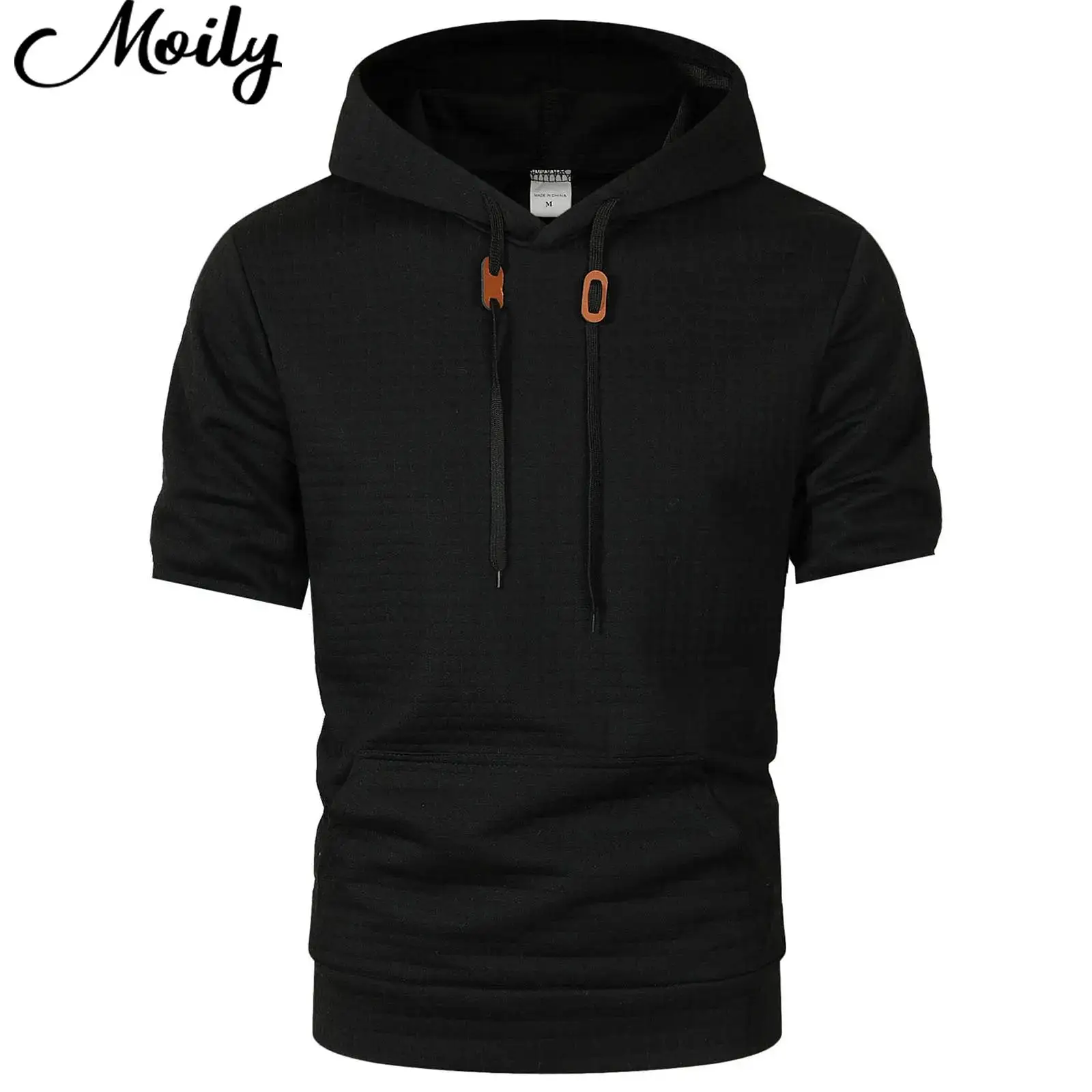 

Black Mens Fashion Plaid Textured Hoodie Drawstring Hooded T-shirt Casual Sweatshirt Short Sleeve Shirt for Gym Workout Sports