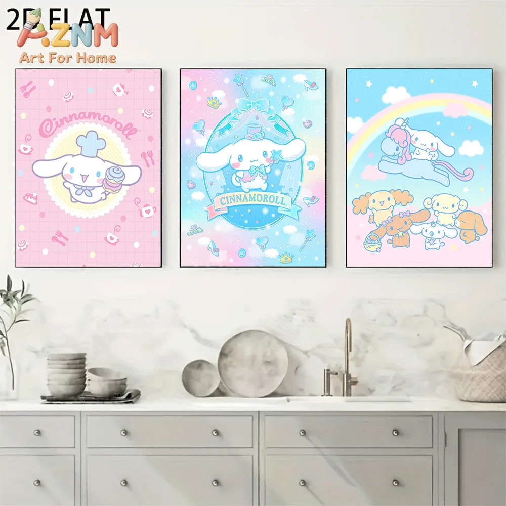 AZNM Cinnamoroll Canvas Wall Art Unframed Cute Cartoon Print Poster Chef Dessert Bow Crown Rainbow Unicorn Kawaii Pastel Grid De