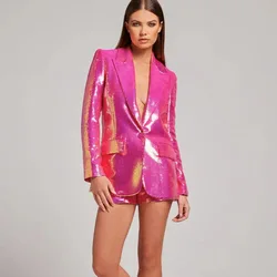 Tesco Spring Autumn Fuchsia Women's Sets Sequined Blazer+Short Pants Sparkle Pantsuits For Club Party Sexy Female Suits 2 Piece