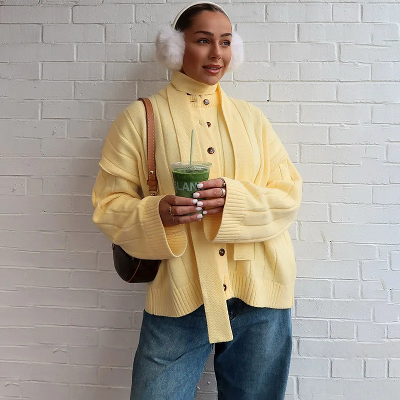 

Tornove Loose Sweater Cardigan 2025 Autumn Winter Ins Hot Rib Knitwear Coat Casual O neck Long Sleeve Solid Knit Cardigan Lady