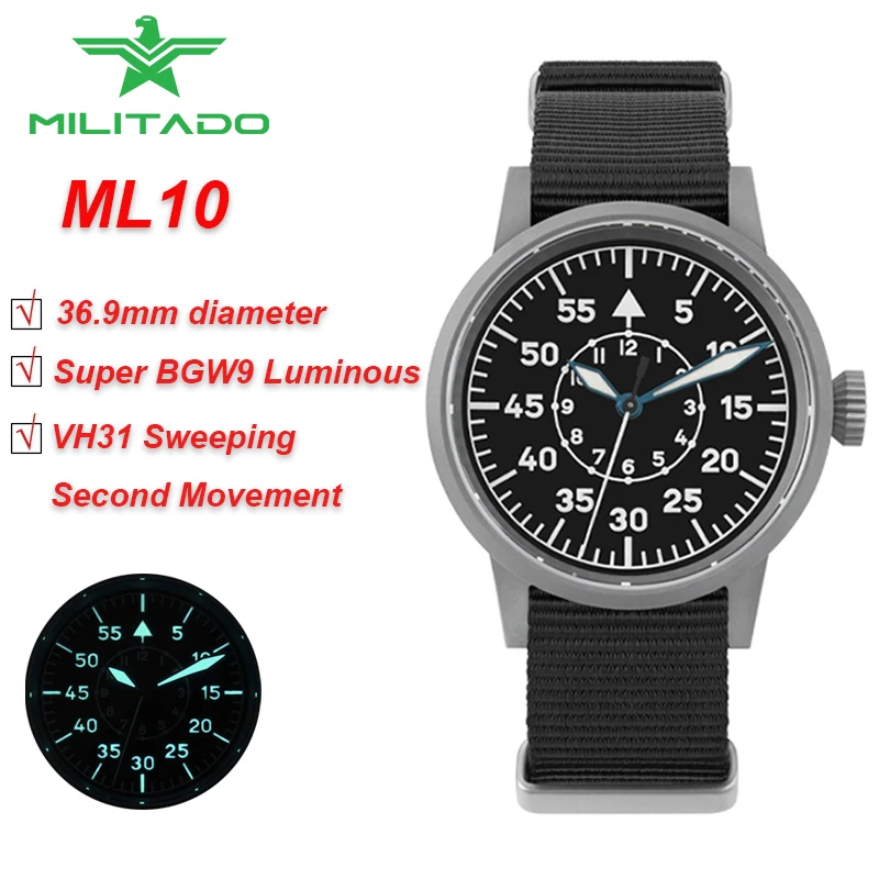 Militado ML10 36.9MM Military Field Watch VH31 Sweeping Second Movement Sapphire Crystal With High Clear AR Coating Wristwatch