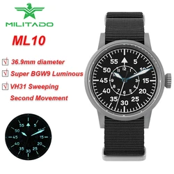 Militado ML10 36.9MM Military Field Watch VH31 Sweeping Second Movement Sapphire Crystal With High Clear AR Coating Wristwatch