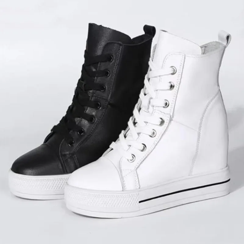 

Женские повседневные ботинки-кроссовки на платформе из натуральной кожи с круглым носком, на шнуровке, с боковыми молниями, высокие, 2026