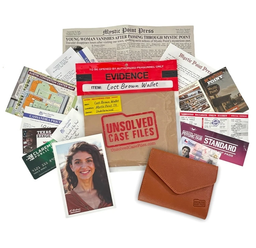 

Tara Noble Wallet Case - Unsolved Cold Case File, Mysterious Crime Evidence Prop for Detective Roleplay & Bar Game Night