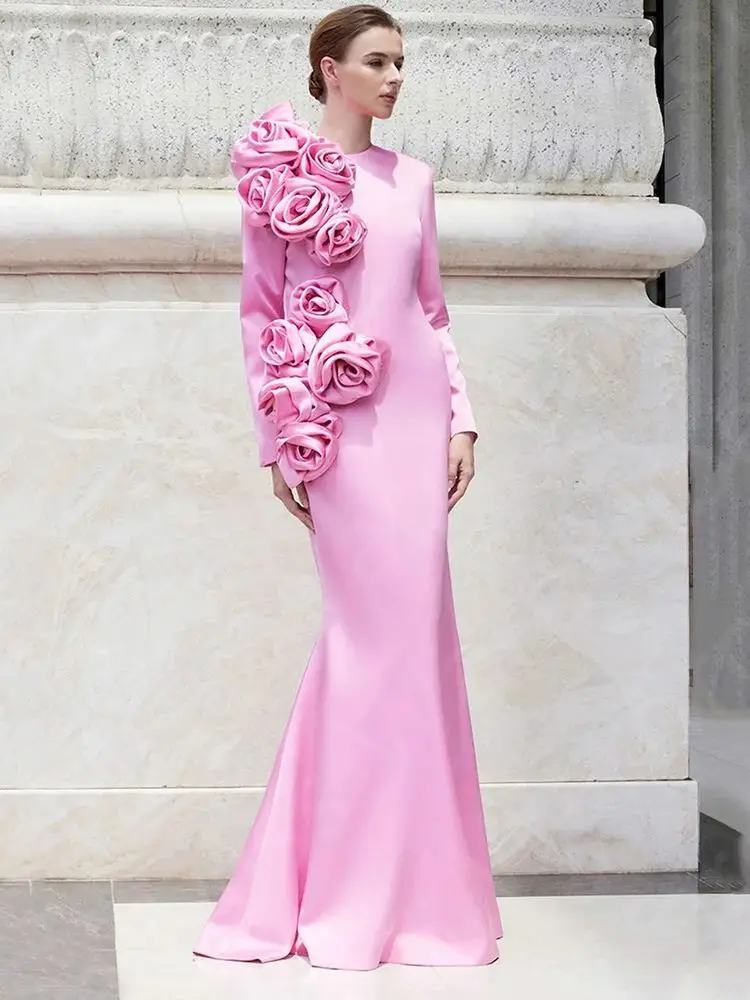 Classic Pink Evening Dresses 2024 Mermaid Arabic Prom Party Gowns Long Sleeves Flowers Wedding Guest Dresses Floor Length