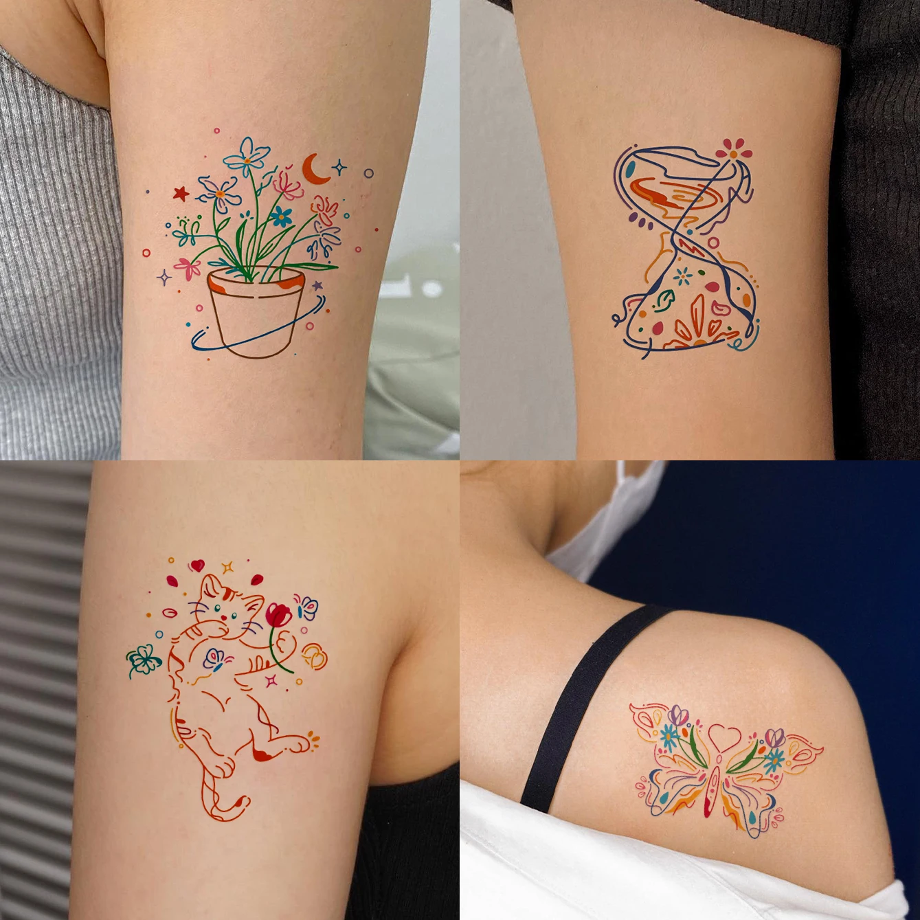 Autocollants de Tatouage Colorés à Motif de Fleurs et d'Animaux, 12 Pièces, Imperméables, Durables, Mignons, pour Bol, Art Corporel