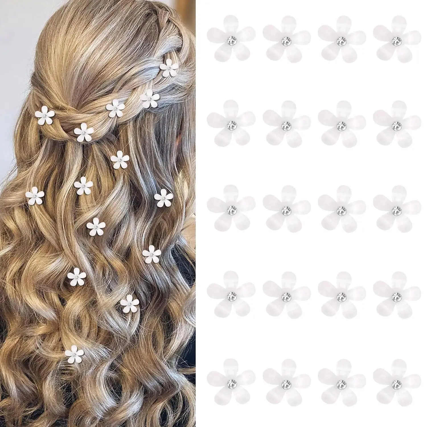 

20Pcs Mini White Rhinestone Flower Hair Clips for Wedding Bridal Girls Women
