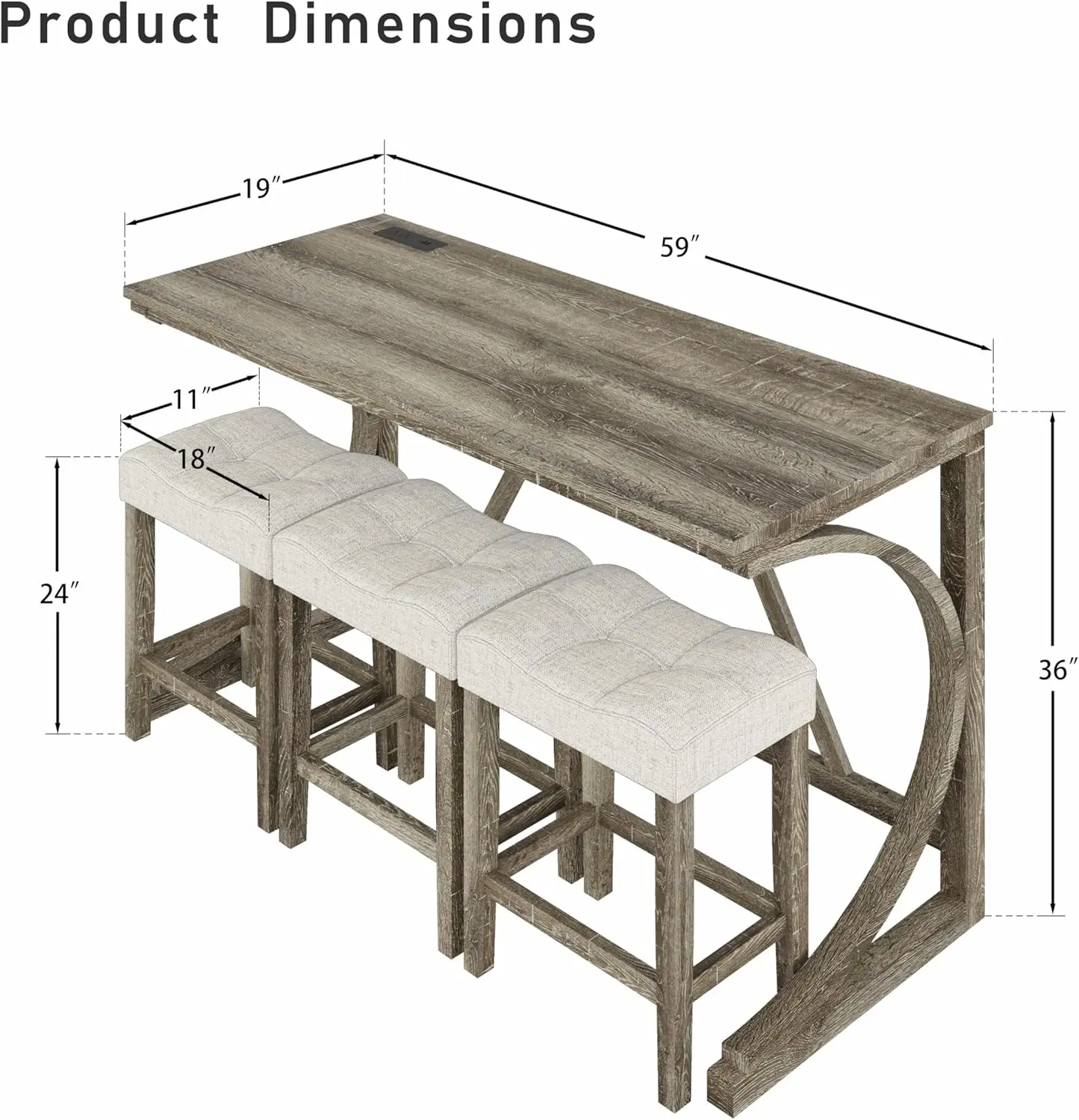 4-Piece Counter Height Bar Table Set With Socket And 3 Fabric Padded Bar Stools, Tall Kitchen Breakfast Dining Table Set With