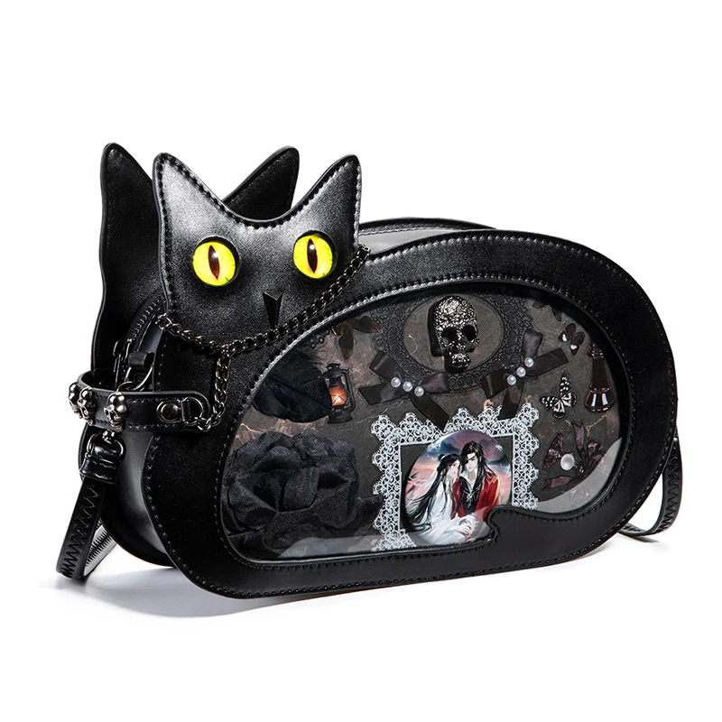 Gothic Black Cat Ita Bag Women Cute Clear Window Crossbody Bag Harajuku Mini Shoulder Messenger Purse
