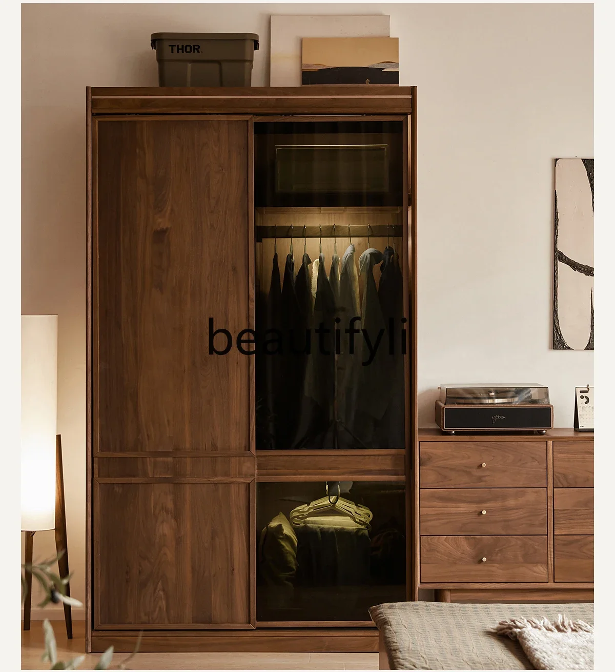 

a26 Solid wood wardrobe black walnut bedroom household sliding door storage simple storage floor combination wardrobe