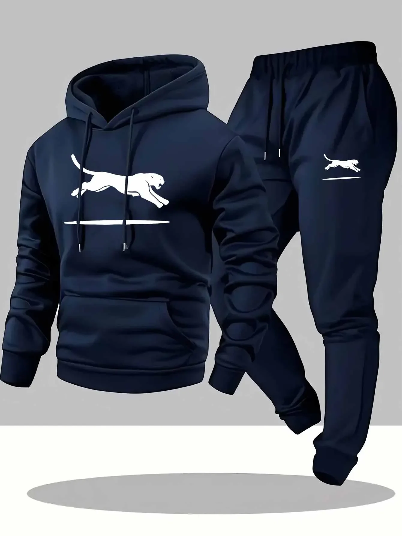 

Casual Cargo Sweatshirt & Jogger Set-Black with White Leopard Print Drawstring Hooded Pullover, Multiple Pockets Loose Fit