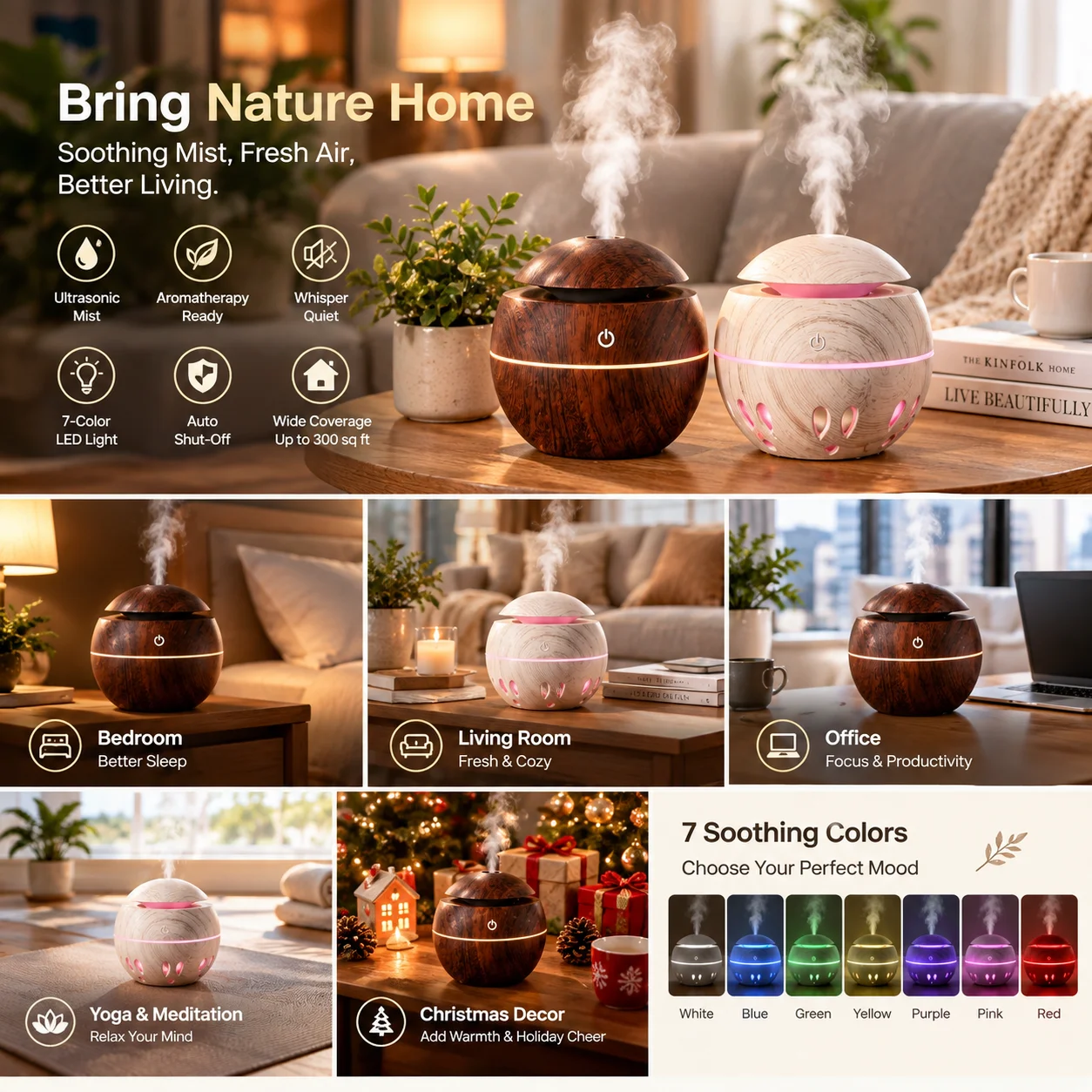 Cool Mist Humidifier with 7-Color LED Night Light