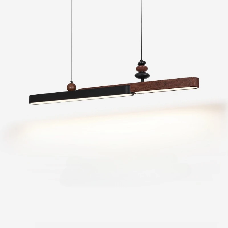 Italian Minimalist Retro Walnut Wood Color Long Bar Pendant Light Modern Hanging Chandelier