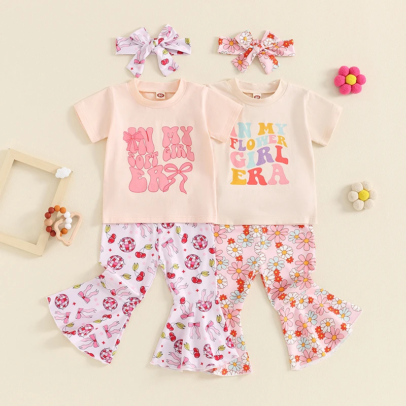 

2024-04-22 Lioraitiin Kids Girls Summer Outfits Letter Print Short Sleeve T-Shirt and Floral/Bow Print Flare Pants Headbands Set