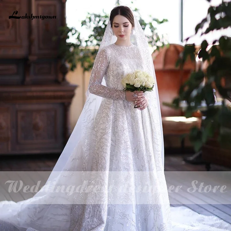 Luxury Sequined Lace Muslim Wedding Dresses with Veil Court Train gelinlik modeller A Line Bridal Gown in dubai amanda novias