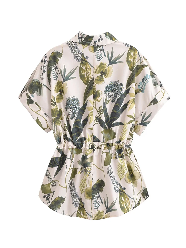 Women's Green Print Loose Shirts, Adjustable Waist, Short Sleeve, Long Tops, Female Casual Fashion, Holiday Style, Summer