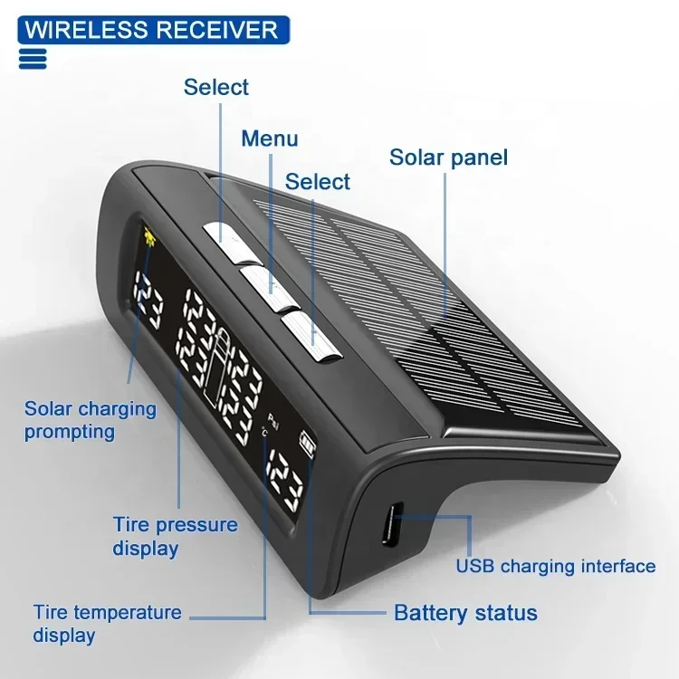 Solar power type wireless tpms tire pressure monitoring system with 6 external sensors for 6 7 wheels trucks trailer RV Caravan