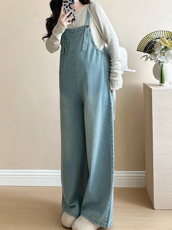 fashionable-maternity-wear-knitted-top-and-denim-overalls-spring-autumn-set-high-end-feel-maternity-clothes-korean-style