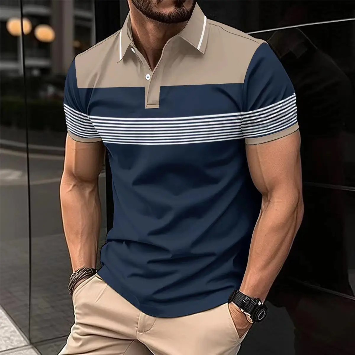 Summer Best-Selling Men's Polo Shirt Striped Patchwork Lapel Men's Short Sleeve Comfortable Slim Office Men's Clothing