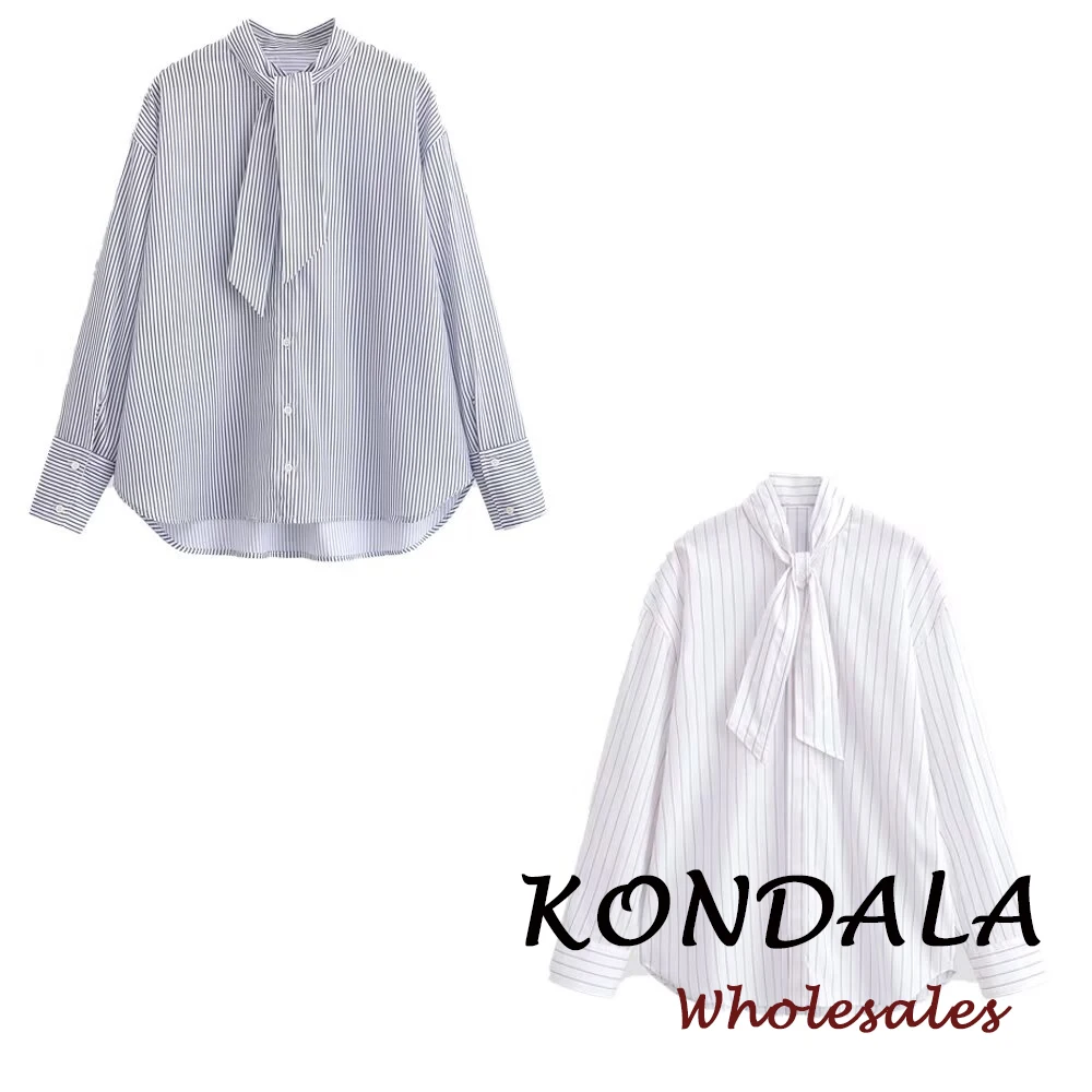 KONDALA Chic Fashion 2026 Schnür-Bluse für Damen, Frühling, lässig, mit Schal, einreihig, gestreift, locker, Vintage, Damen-Hemdbluse mit Schleife