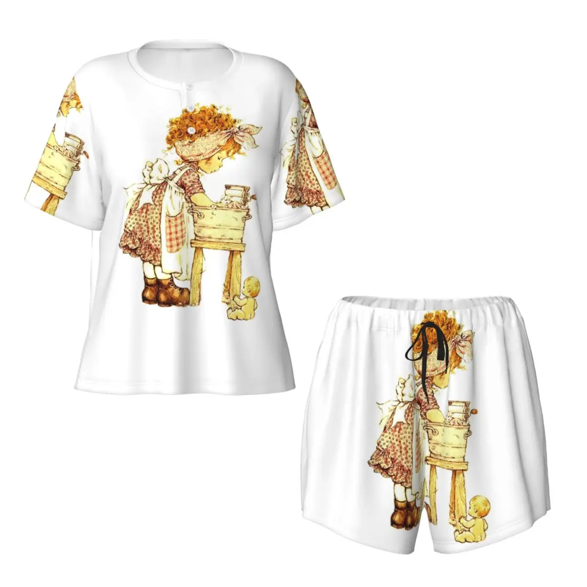 Kawaii Sarah Kay Round Neck Short Sleeve Nightgowns for Sleeping Sleepshirts Women Loose Pajama Set Short Pants