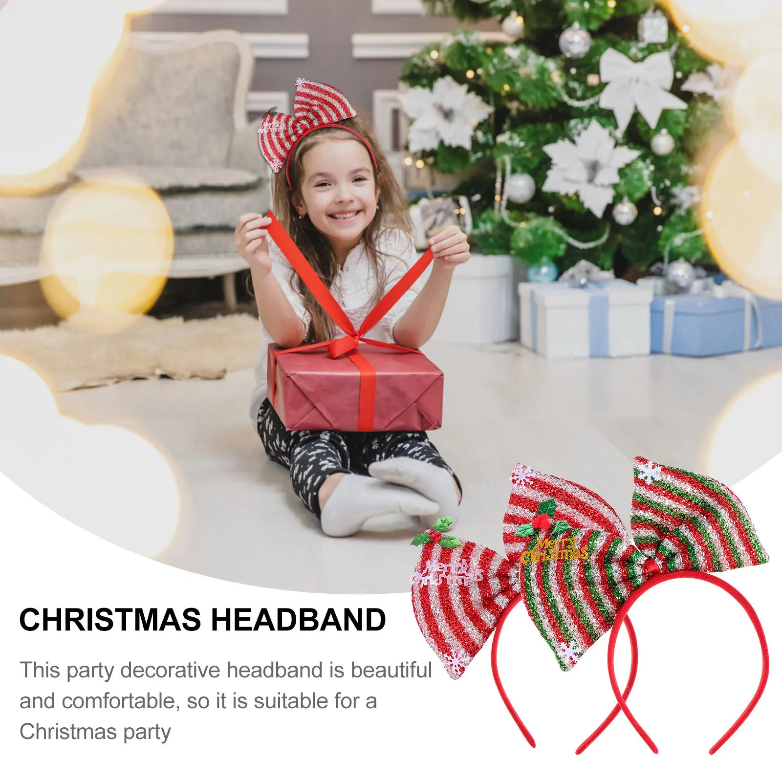 

2 Pcs Christmas Headdress Xmas Headpiece Hair Accessories Clips Headband Glitter Bow Hoop for