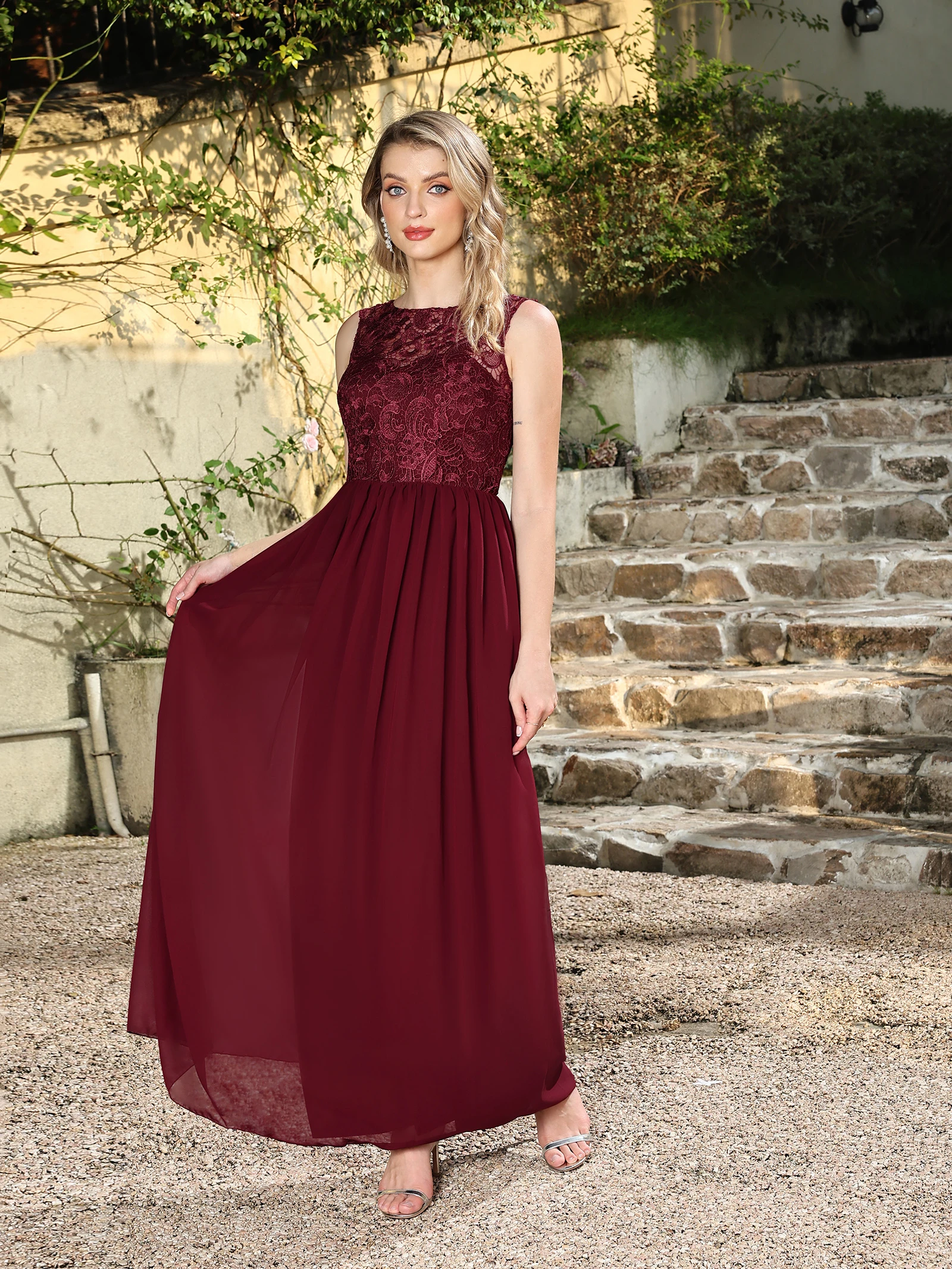 Burgundy Lace Sheer Back Evening Dresses Chiffon A-Line O-Neck Sleeveless Prom Dress Pleated Waist Floor-idos Bridesmaid Dresses