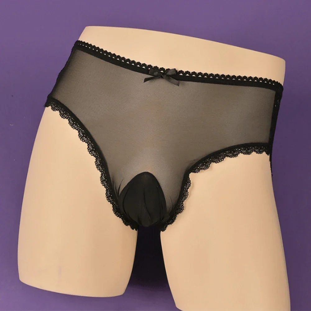 

Mens Sexy Panties Hollow Lace Sheer Gay Sissy Pouch Lingerie Mid-rise Briefs Breathable Underwear Ultra-Thin Trunks Underpants