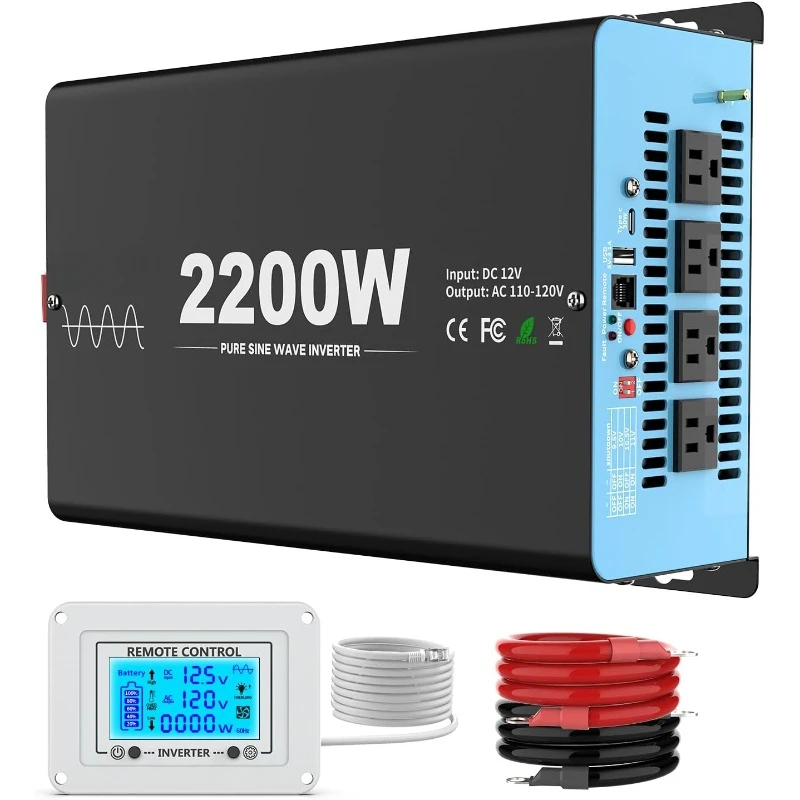 2200 Watts Pure Sine Wave Inverter, 12V DC to 110V AC Power Inverter with 4 AC Outlets, USB Port, Type-C Port for Truck