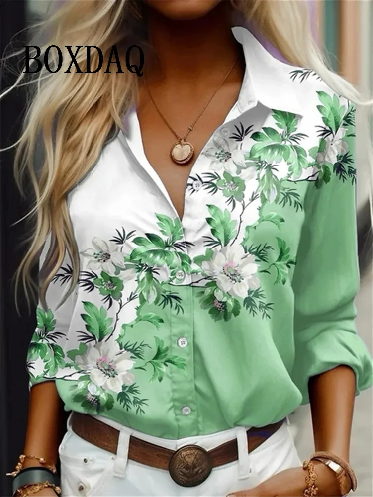 2024 Women\'s Shirt Blouses Flowers Printing Button Loose Long Sleeve Tops Casual Elegant Fashion Lapel Spring Autumn Lady Blouse