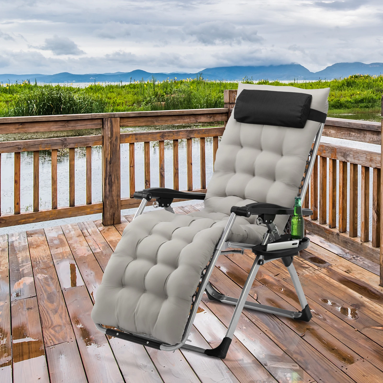 Gravity Chair with Pad, Patio Chairs with Pillow and Utility Tray Adjustable Folding Recliner for Deck,Patio,Beach,Yard,Grey