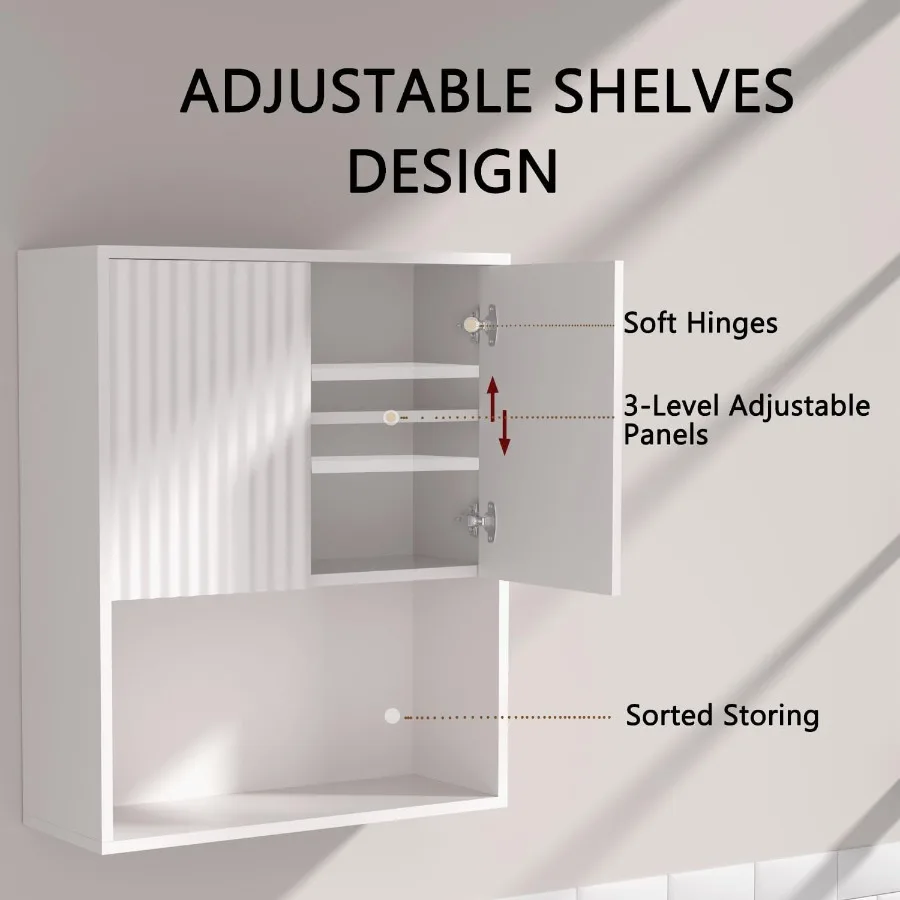 خزانة حائط للحمام مخدد فوق خزانة تخزين المرحاض مثبتة على الحائط مع رف قابل للتعديل منظم عائم ومعلق K #4