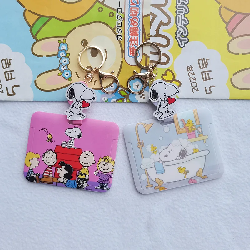 Kawaii Peanuts Snoopy Charlie Brown Card Holder Bag Pendant Key Chain Anti Loss Card Protective Sleeve Cartoon Stationery Gift