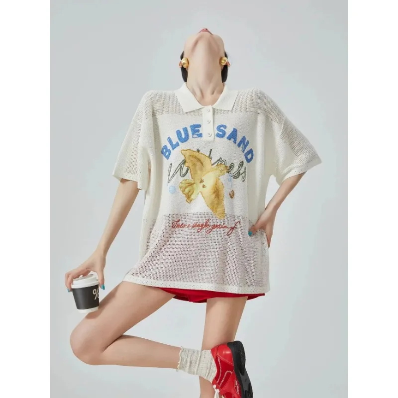 Korean Women Bird Letter Print Polo Collar Hollow Knit Top Summer Loose Drop Shoulder Breathable Tee S-XL