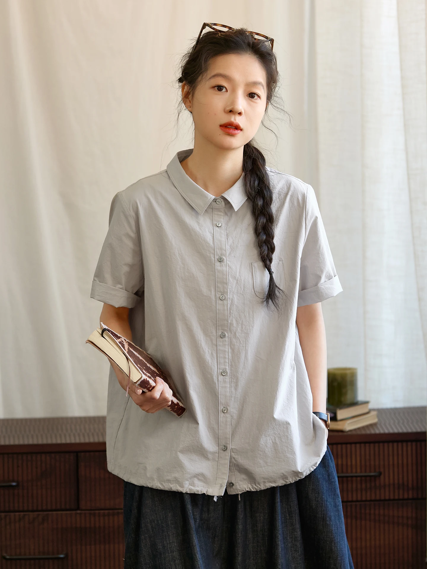

Original Pure Cotton Grey Short Sleeve Shirt Women Summer Loose Casual Drawstring Long Velvet Cotton Versatile Shirt