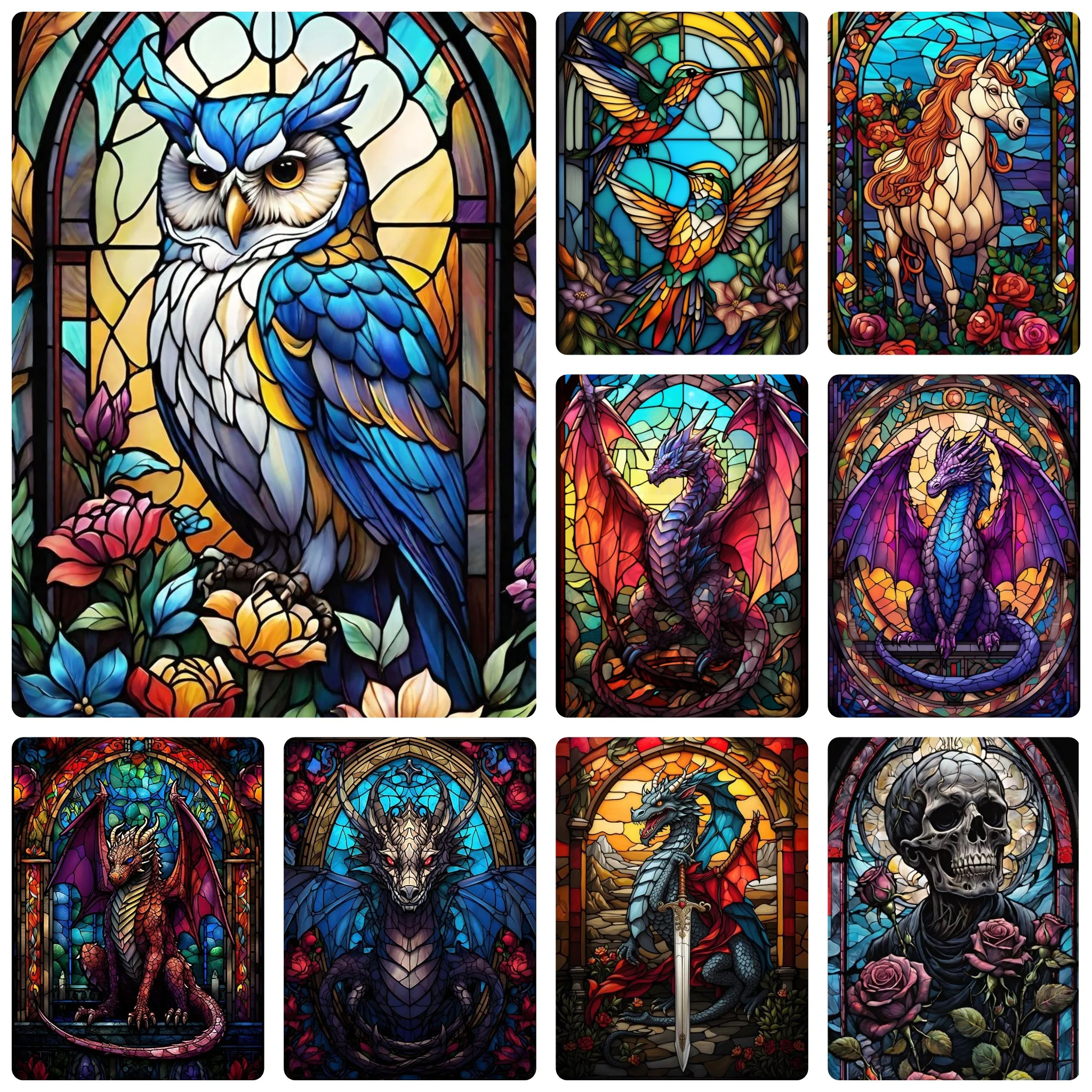 DIY Colorful Stained Glass Mythical Creature Dragon Owl Unicorn Diamond Painting Mosaic Handmade Art Exquisite Home Decoration