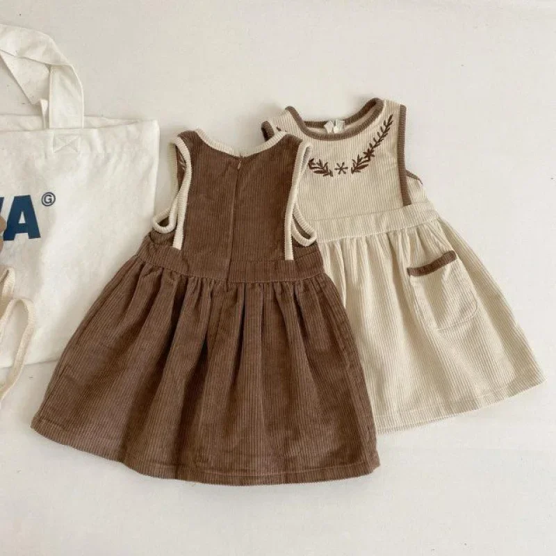 2024 Vinatge Baby Corduroy Sleeveless Dress Little Girls Sundress and Long Sleeve Tops Autumn Winter  Two Piece Set Children