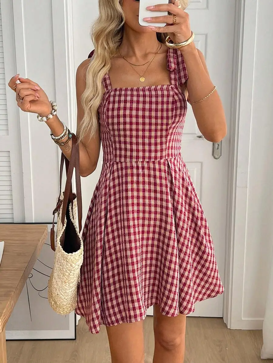 

Red And Beige Plaid Square Neck Sleeveless Mini Dress With Bow Detail A-Line Summer Dress