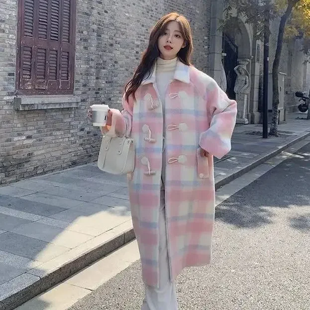 معطف صوفي منقوش لطيف وأنيق للنساء النسخة الكورية الجديدة معطف صوفي بزر قرن البقرة صغير #3