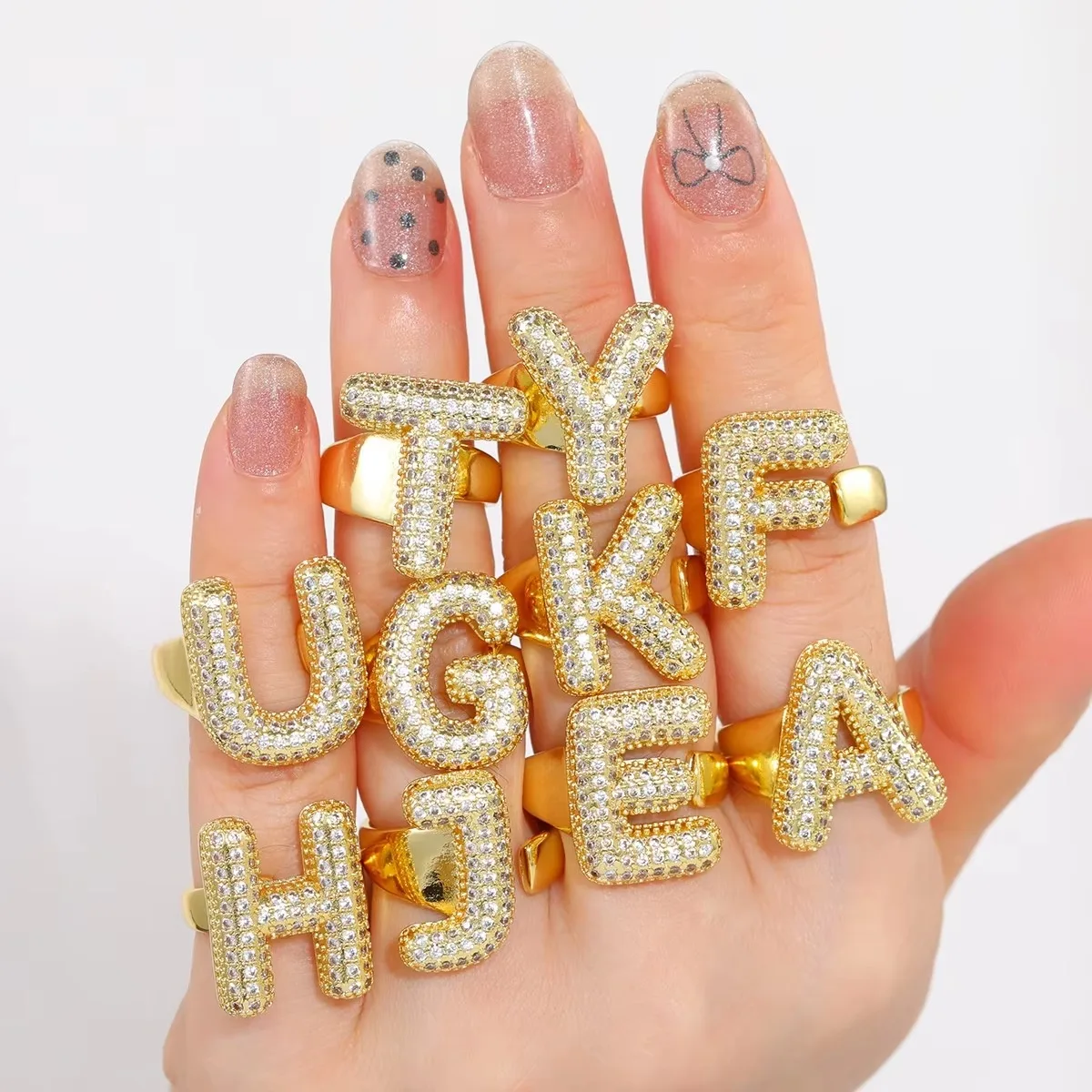 

18K Gold Plated Letter Ring, Fashionable Open Design with Diamonds