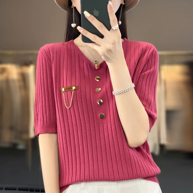 2023 Summer Women\'s V-Neck Cashmere Sweater Short Sleeve Cashmere Short Sleeve Sweater Pullover