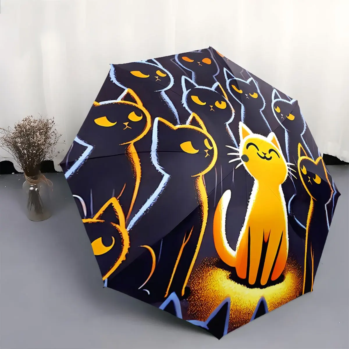 

Автоматический зонт с милым кошачьим принтом - темно-синий фон, компактный складной зонт с прочной 8-спицевой рамой.