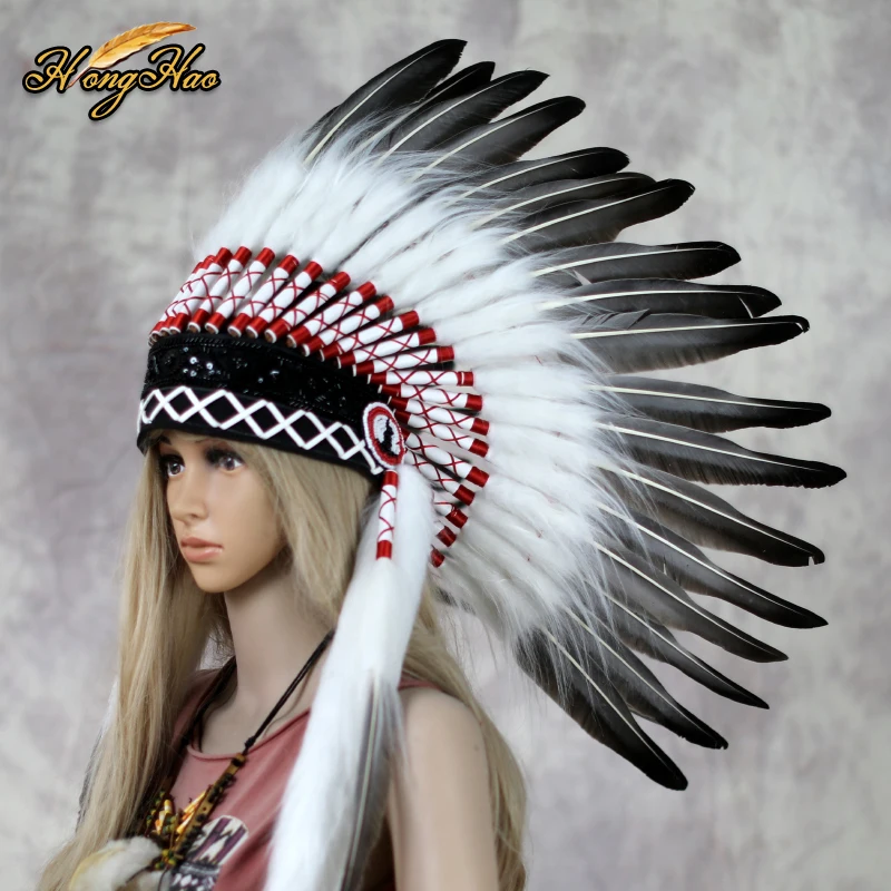 Handmade Customized Gray Goose Feather Indian Feather Headdress Costume Chief Hat Headband Carnival Bonnet Halloween Decoration