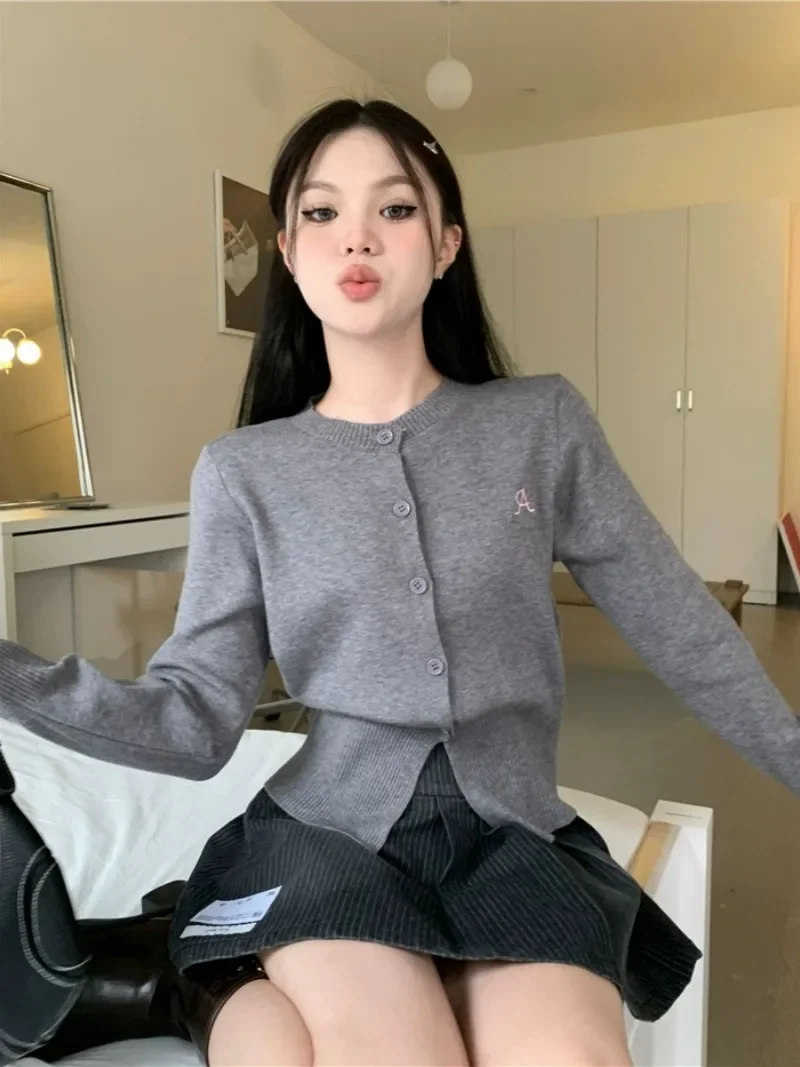 Simple Casual Black Knitted Cardigan P-neck Single Breasted Long Sleeve Sweaters 2024 Autumn New Korean Chic Fresh Y2k Jumpers