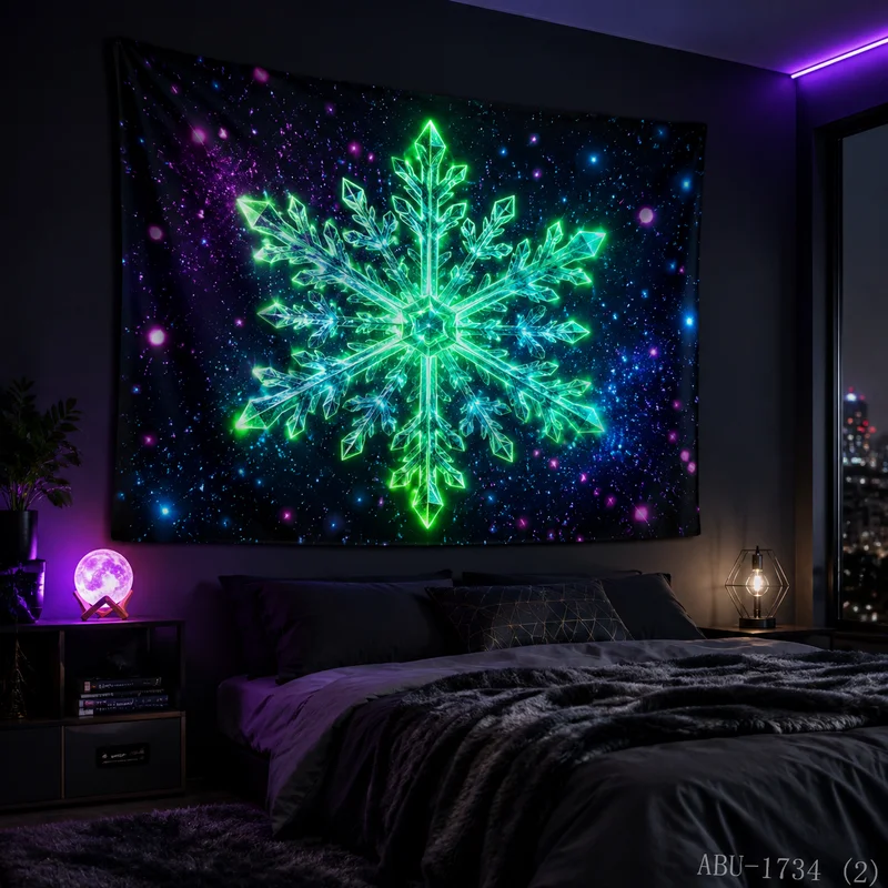 VIKAMA Neon Rainbow Halo Snowflake Black Starry Radiant Ring Crystal Ice Art Christmas Tapestry Wall Hanging Bedroom Living Room