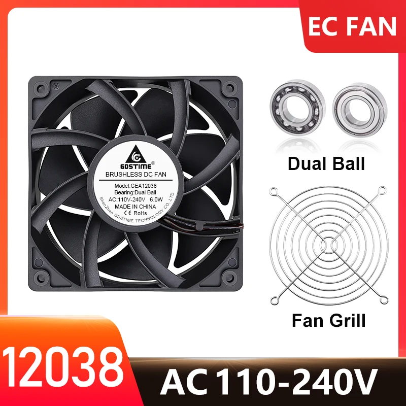 

Бесщеточный Охлаждающий вентилятор EC, 1 шт., 120 мм x 38 мм, 12038, 12 см, 110 В переменного тока, 115 В, 120 В, 220 В, 240 в, 2 провода