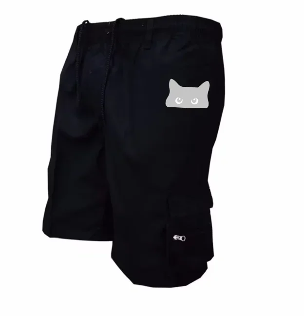 Men's Cute Black Cat Print Cargo Shorts Elastic Waist Drawstring Multi Zipper Pockets Casual Summer Short Pants