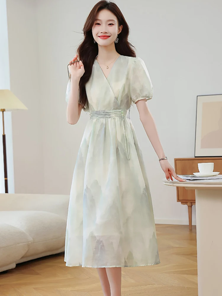 Women Print Short Sleeve V-Neck Casual Long Dress Summer Korean Bodycon One Piece Dress 2025 Elegant Luxury International Dress