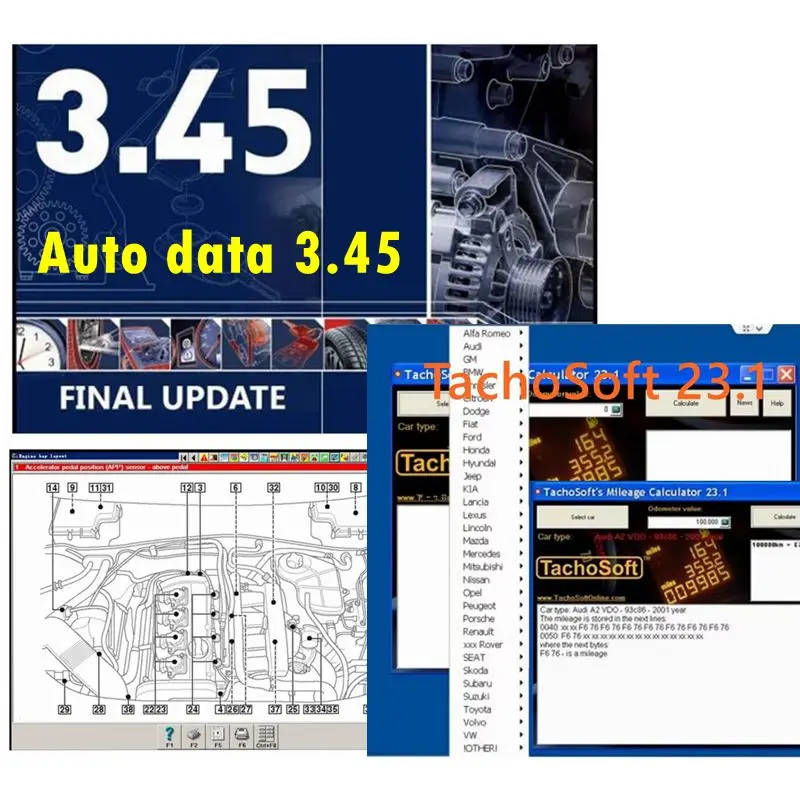 2025 Hot Auto Data 3.45 برنامج إصلاح السيارات + آلة حاسبة الأميال TachoSoft 23.1 TachoSoft حساب عداد الأميال 2in1