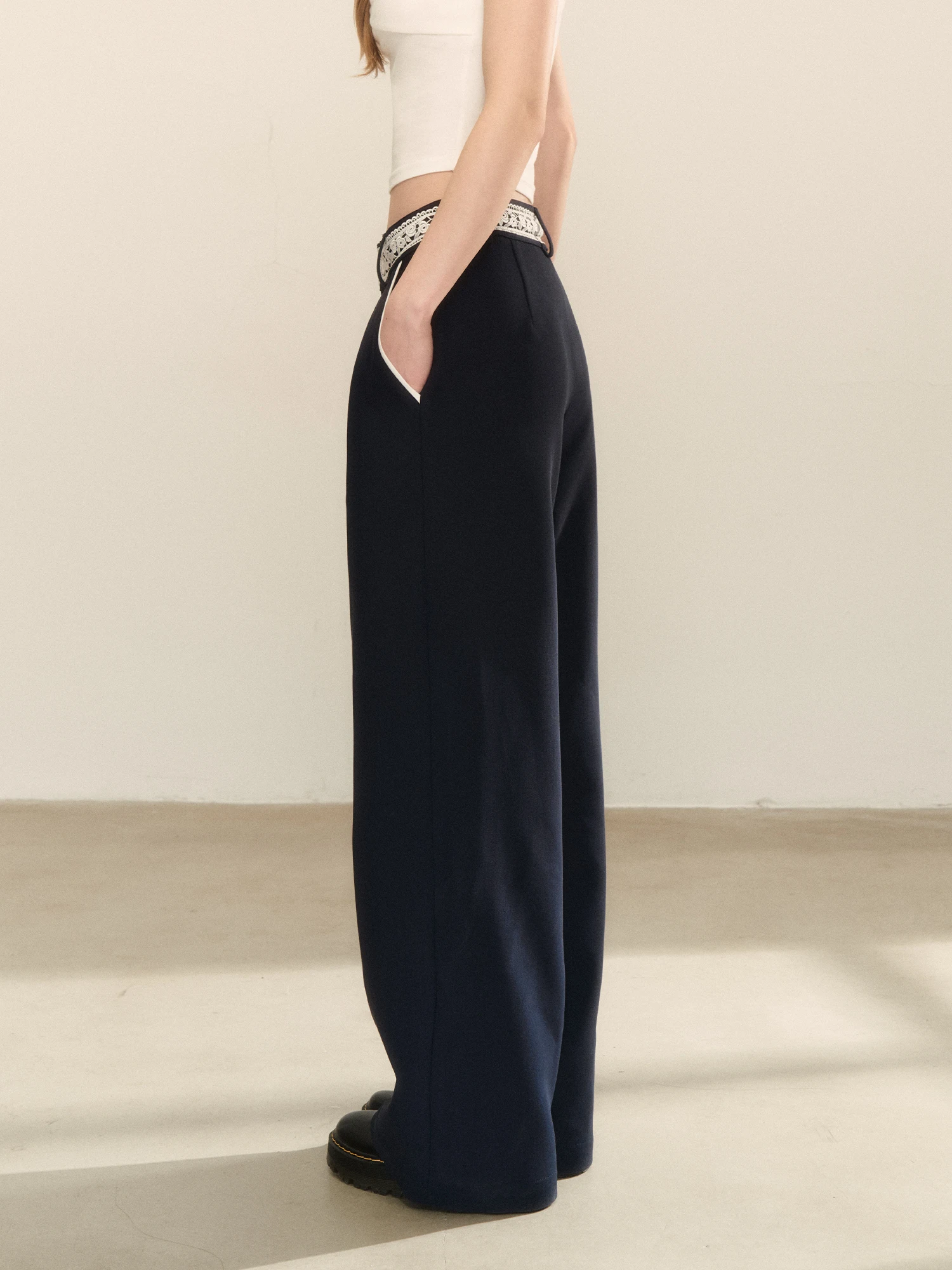 QDQD Pantaloni a gamba larga a vita alta con giunture in pizzo Pantaloni estivi a vita alta casual da pendolare Sle Pantaloni a tubo dritto da donna di colore blu